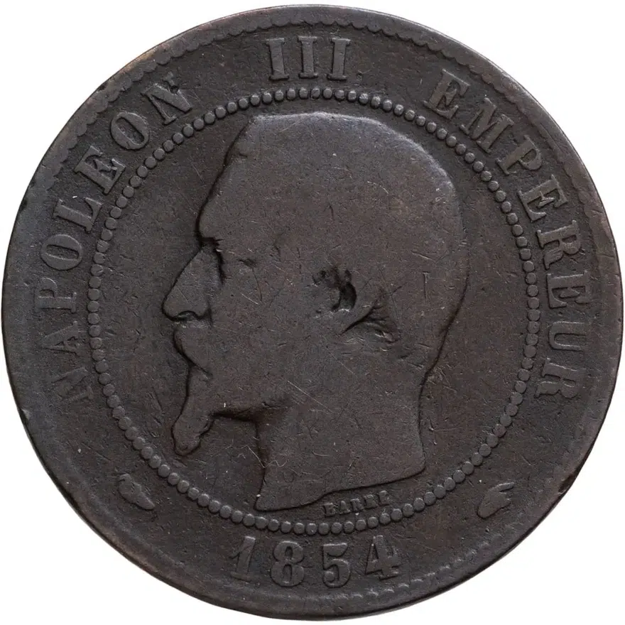 Франция 10 сантимов (centimes) 1854 A  знак монетного двора: "A" - Париж