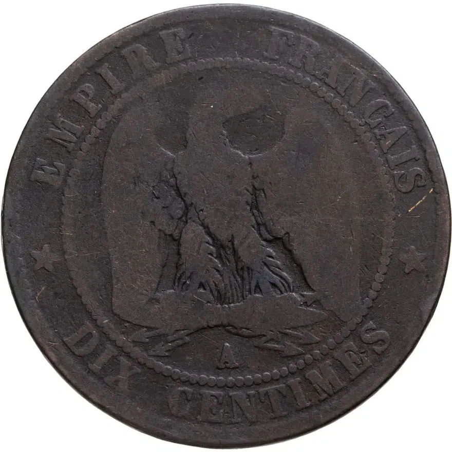 Франция 10 сантимов (centimes) 1854 A  знак монетного двора: "A" - Париж, реверс