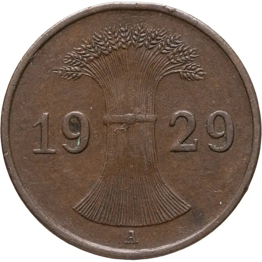 Германия 1 рейхспфенниг (reichspfennig) 1929 A  знак монетного двора "A" — Берлин, реверс