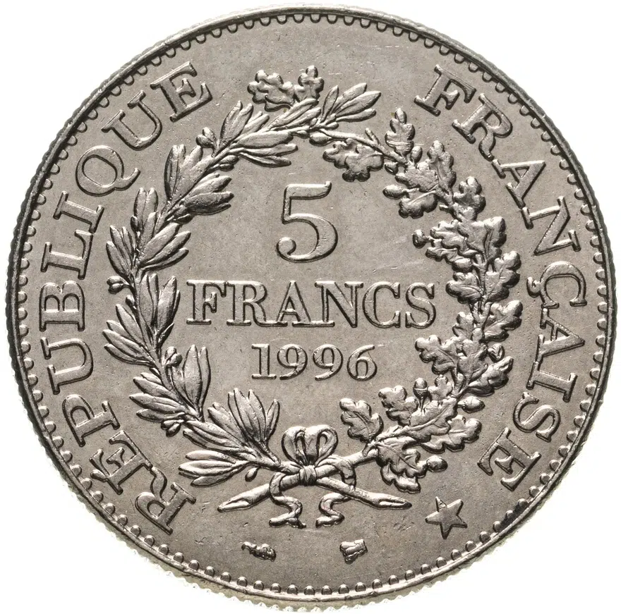 Франция 5 франков (francs) 1996  200 лет французскому десятичному франку, реверс