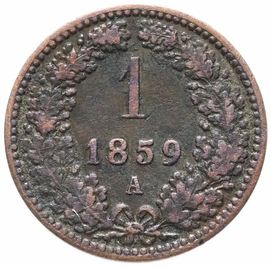 Австрия 1 крейцер (kreuzer) 1859 A  знак монетного двора "A" - Вена, реверс