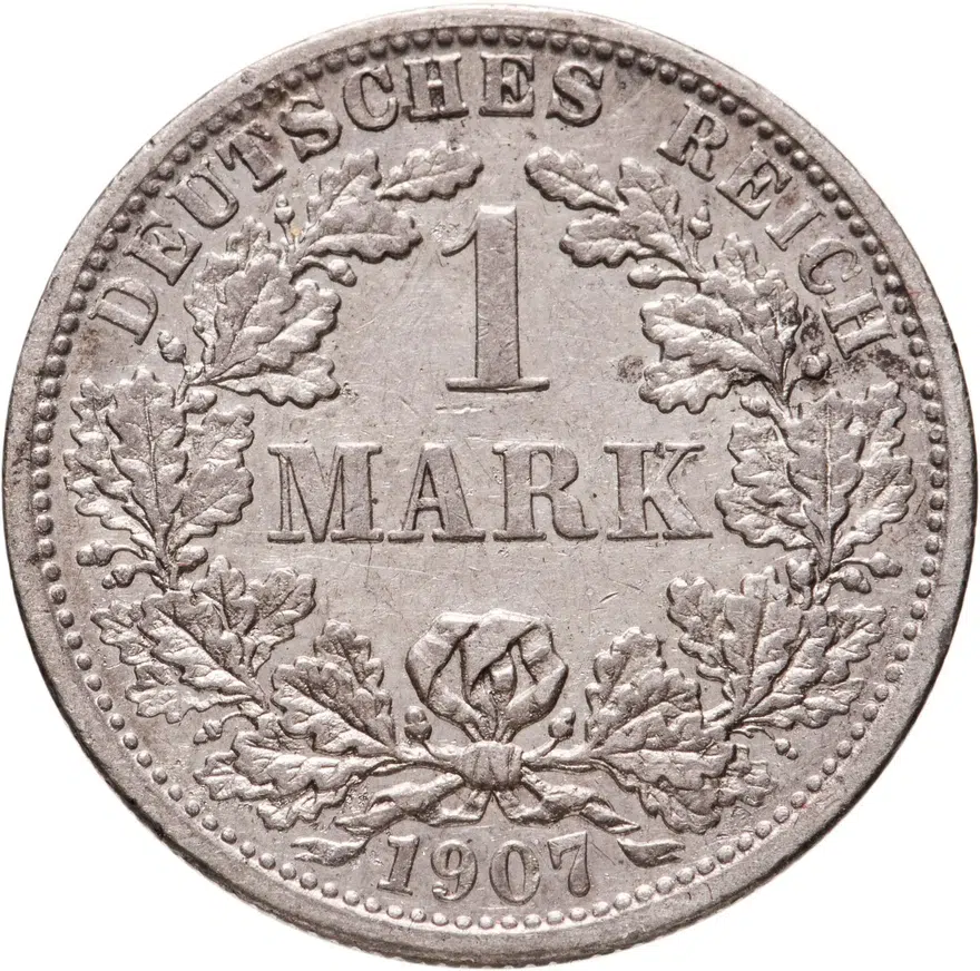 Германия 1 марка (mark) 1907 F  знак монетного двора: "F" - Штутгарт, аверс