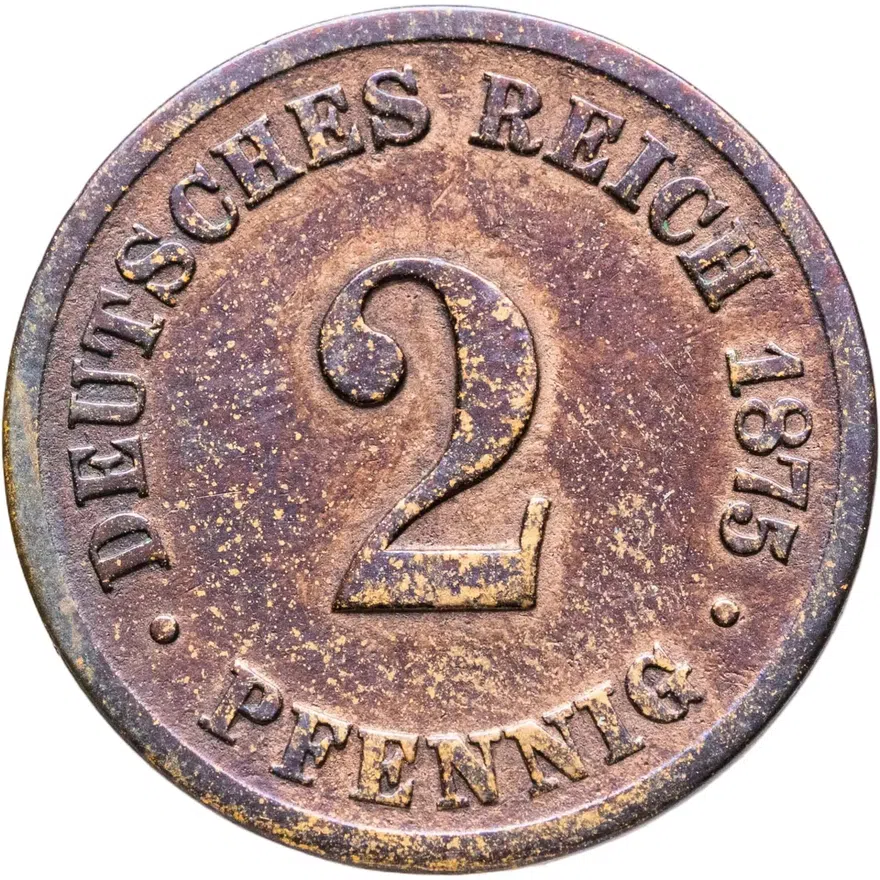 Германия 2 пфеннига (pfennig) 1875 B  знак монетного двора: "B" - Ганновер