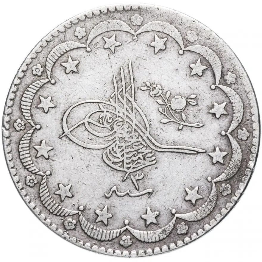 Османская империя 20 курушей (kurus) 1878 (1293 г.Х., 3 год правления) Ягоды справа вверху от тугры