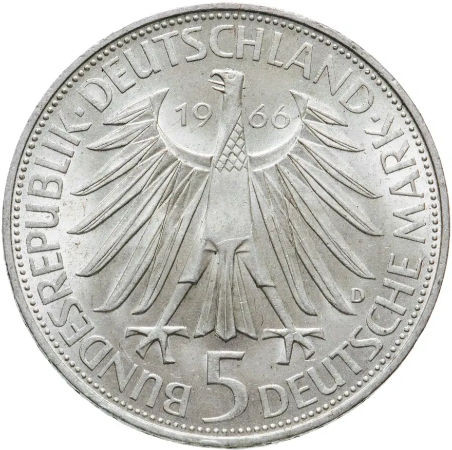 Германия 5 марок (deutsche mark) 1966  250 лет со дня смерти Готфрида Вильгельма Лейбница, реверс