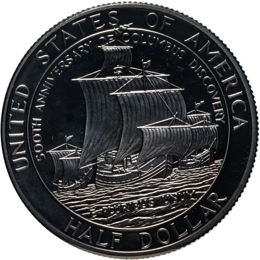 США 50 центов (1/2 доллара, half dollar) 1992 S Columbus Quincentenary (500 лет открытия Америки Христофором Колумбом) знак монетного двора "S" - Сан-Франциско