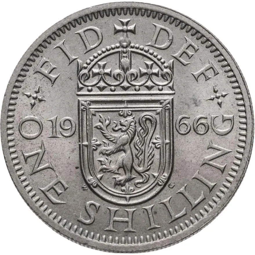 Великобритания 1 шиллинг (shilling) 1966  Шотландский герб - атакующий лев внутри коронованного щита, аверс