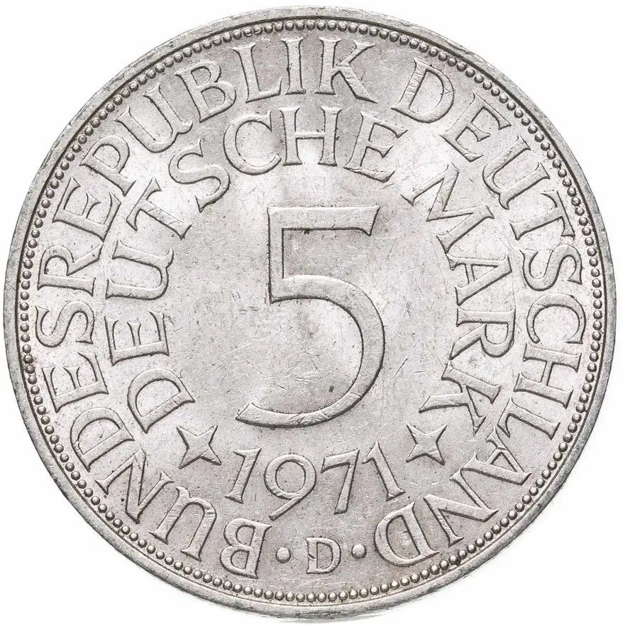 Германия 5 марок (deutsche mark) 1971 D  знак монетного двора: "D" - Мюнхен
