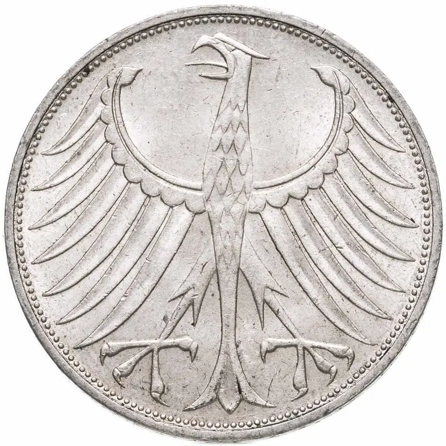 Германия 5 марок (deutsche mark) 1971 D  знак монетного двора: "D" - Мюнхен, реверс