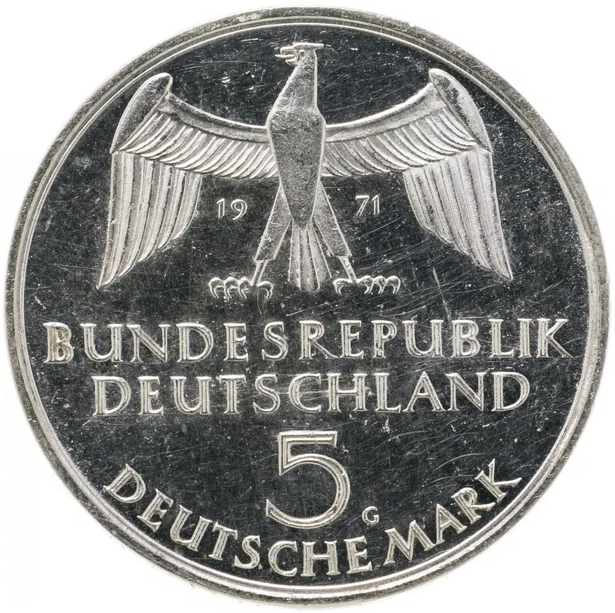 Германия 5 марок 1971 "100 лет объединению Германии в 1871 году"