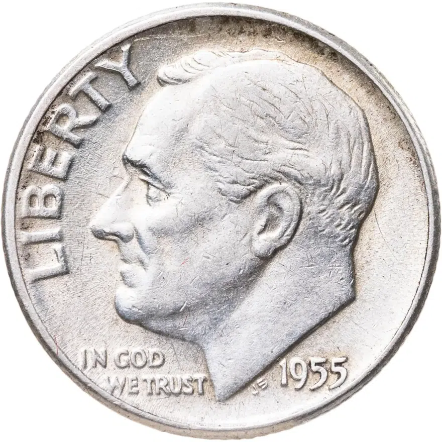 США 10 центов (дайм, one dime) 1955  Silver Roosevelt Dime (Рузвельт) без обозначения монетного двора, реверс