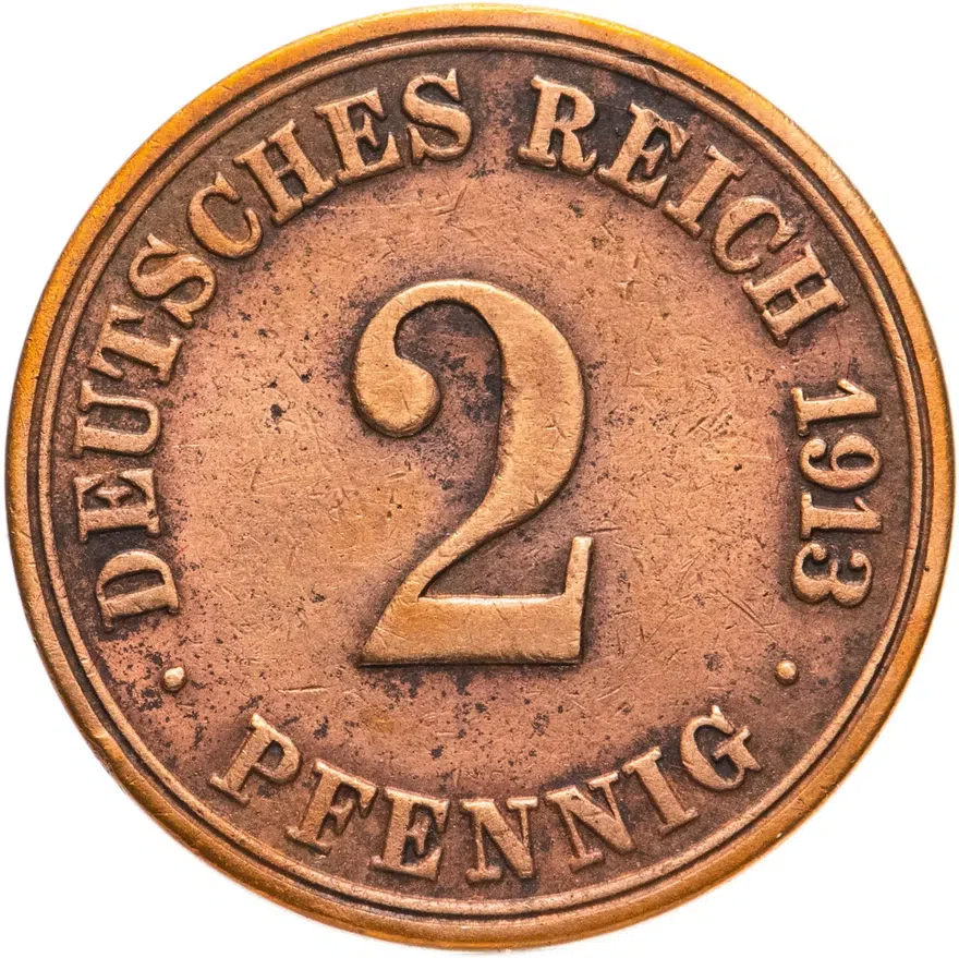 Германия 2 пфеннига (pfennig) 1913 A  знак монетного двора: "A" - Берлин, аверс