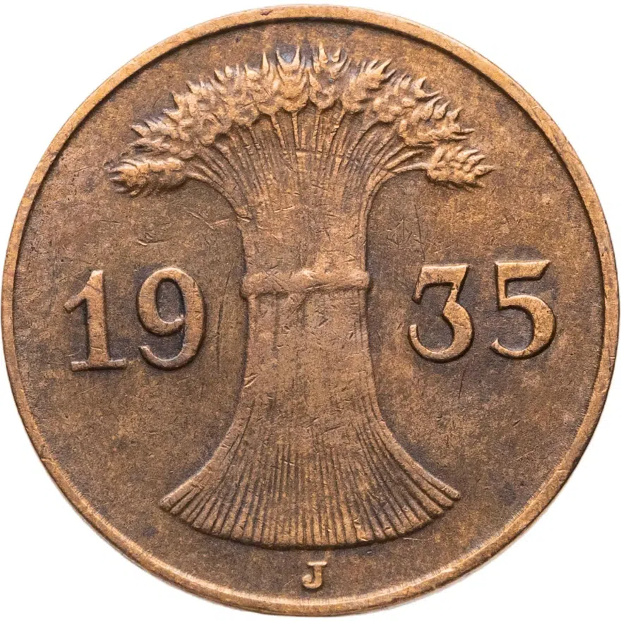Германия 1 рейхспфенниг (reichspfennig) 1935 J  знак монетного двора "J" — Гамбург, реверс
