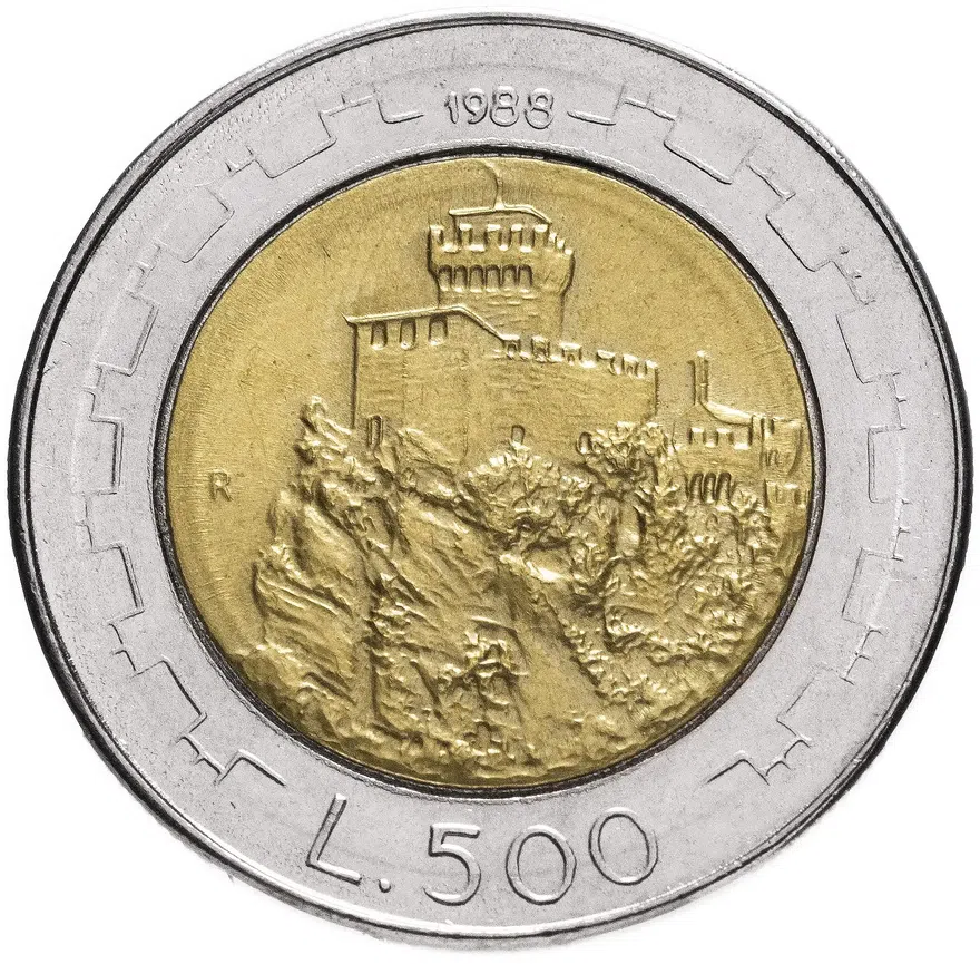 Сан-Марино 500 лир (lire) 1988 "Укрепления Сан-Марино", реверс