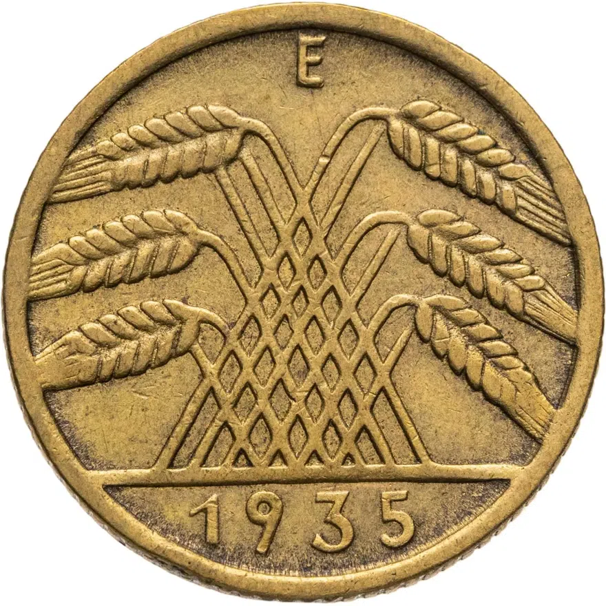 Германия 10 рейхспфеннигов (reichspfennig) 1935 E  знак монетного двора "E" — Мульденхюттен