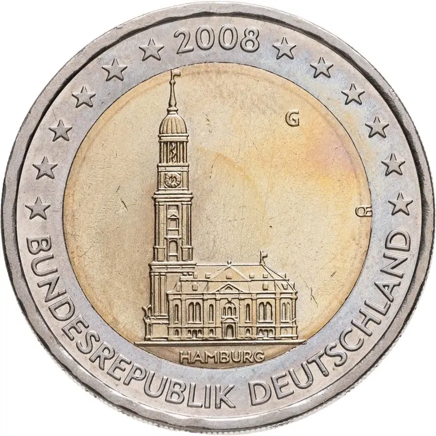 Германия  2 евро (euro) 2008 G Федеральные земли Германии - Церковь св. Михаила, Гамбург знак монетного двора: "G" - Карлсруэ