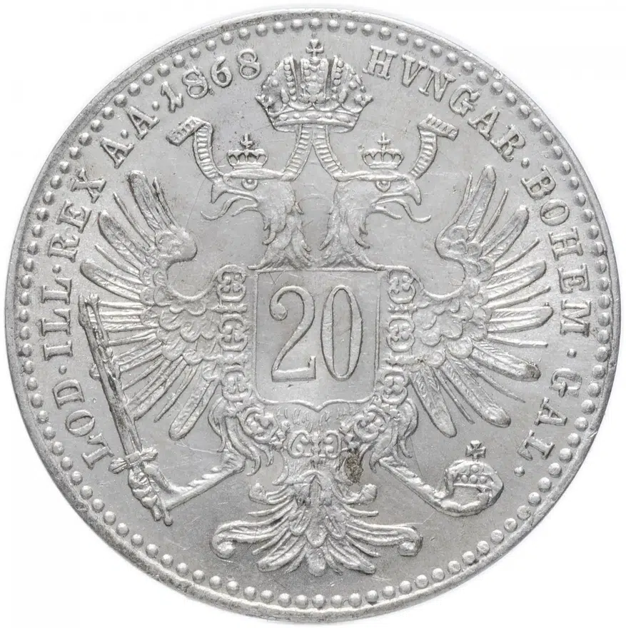 Австро-Венгрия 20 крейцеров (kreuzer) 1868, монета для Австрии, реверс