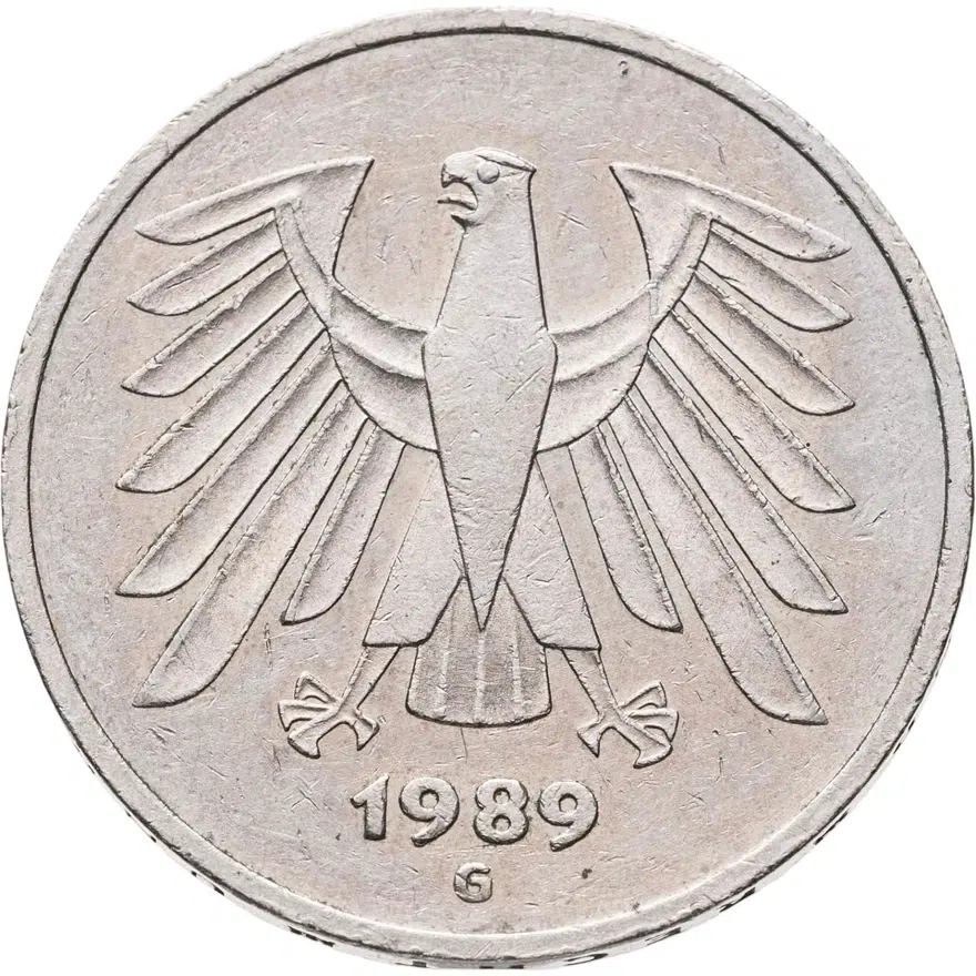 Германия, ФРГ 5 марок (deutsche mark) 1989 G  знак монетного двора: "G" - Карлсруэ, аверс