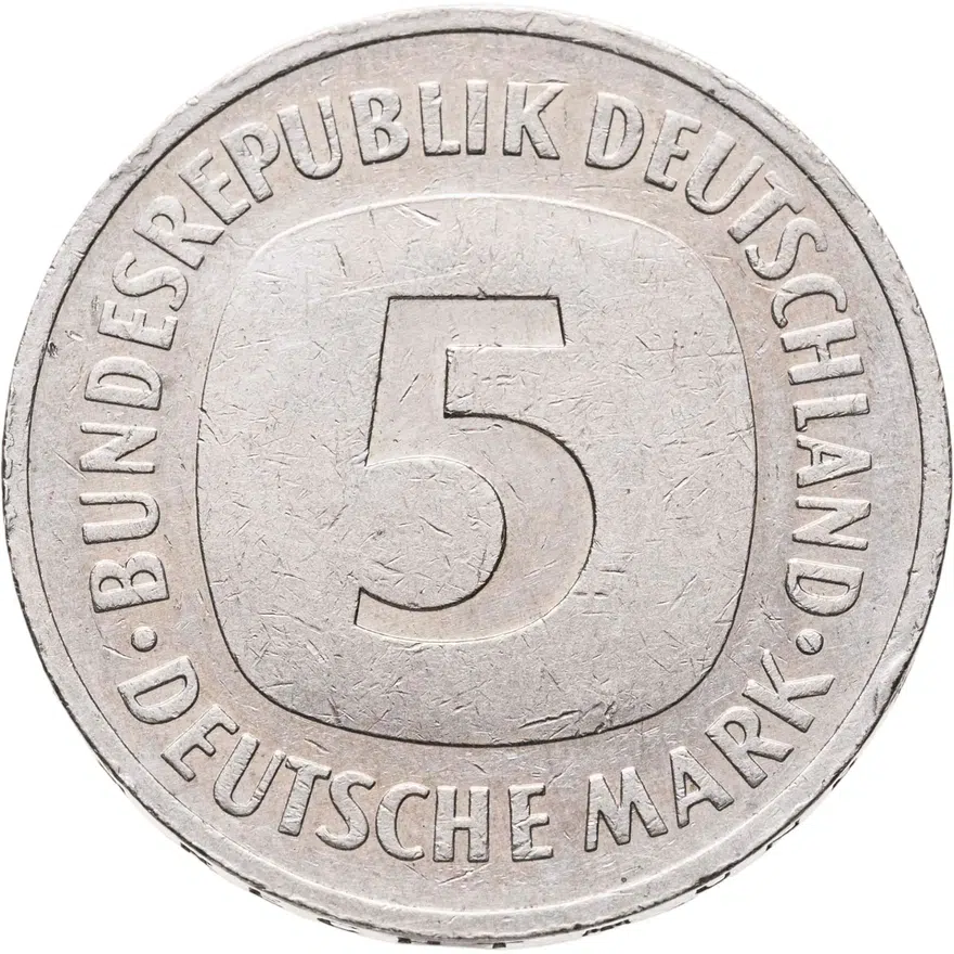 Германия, ФРГ 5 марок (deutsche mark) 1989 G  знак монетного двора: "G" - Карлсруэ, реверс