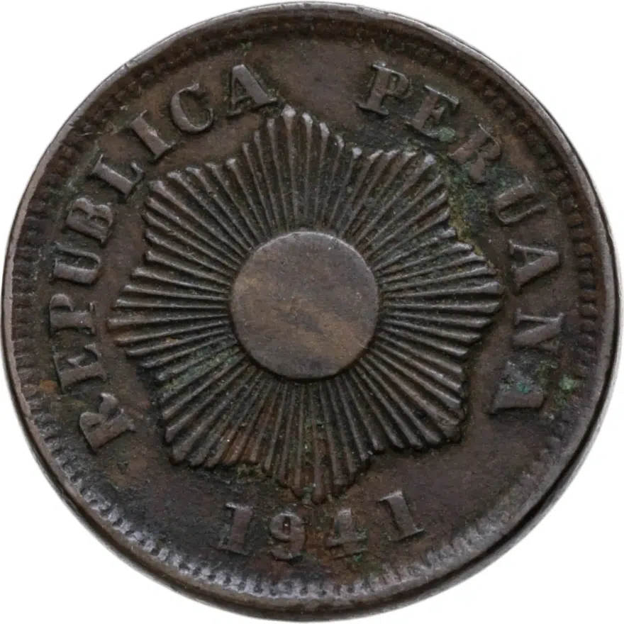 Перу 1 сентаво (centavo) 1941 толстая заготовка, "CENTAVO" написано прямо, реверс