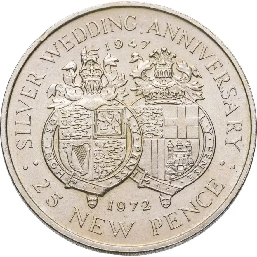 Гибралтар 25 новых пенсов (new pence) 1972 "25 лет свадьбе Королевы Елизаветы II и Принца Филиппа"
