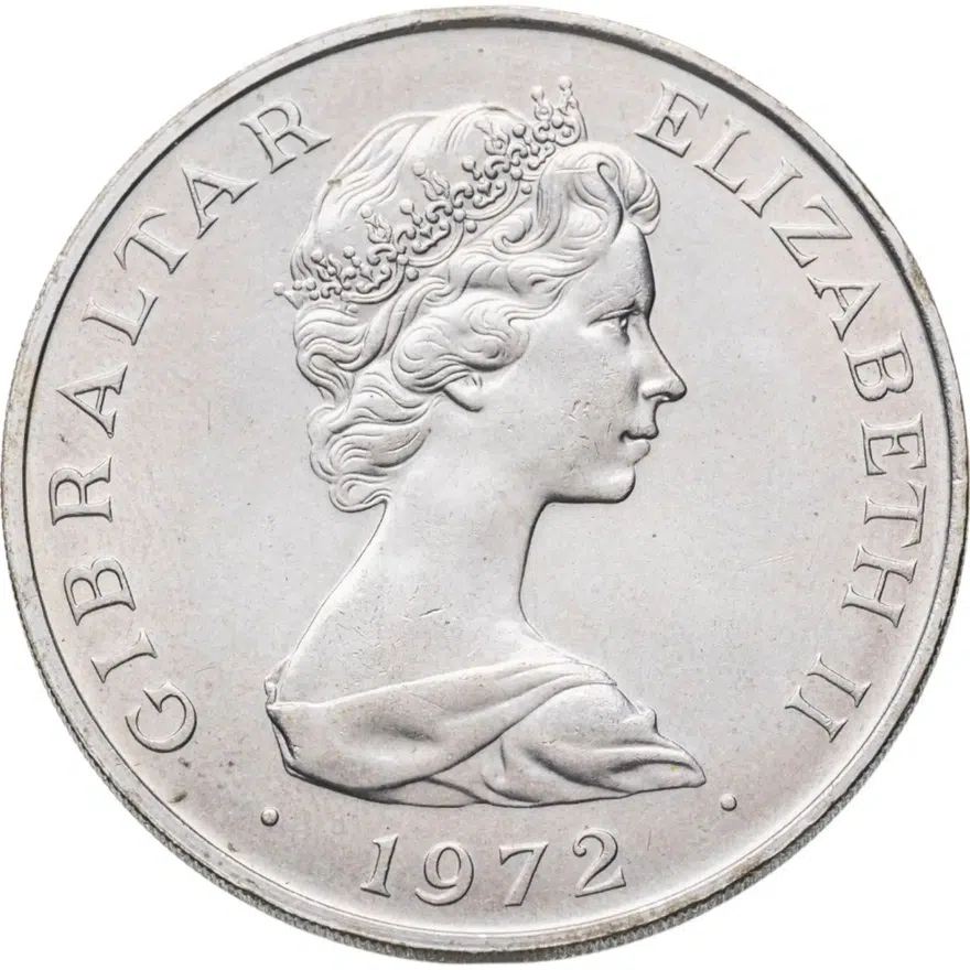 Гибралтар 25 новых пенсов (new pence) 1972 "25 лет свадьбе Королевы Елизаветы II и Принца Филиппа", реверс