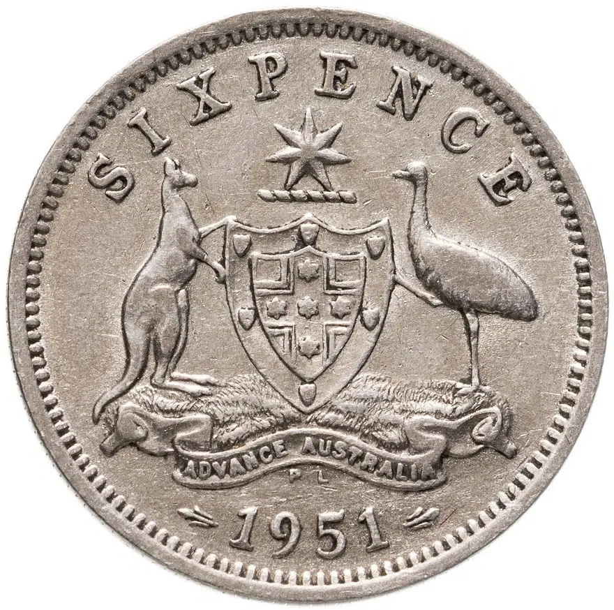 Австралия 6 пенсов (pence) 1951 "PL", аверс
