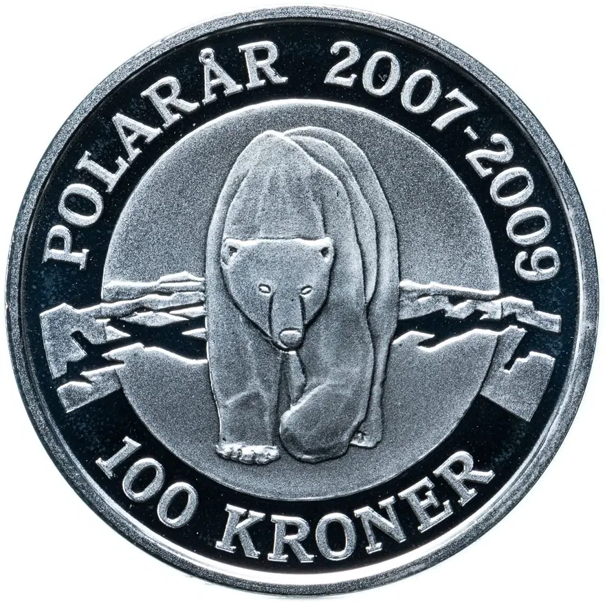 Дания 100 крон (kroner) 2007  Международный полярный год - Полярный медведь, в футляре, аверс
