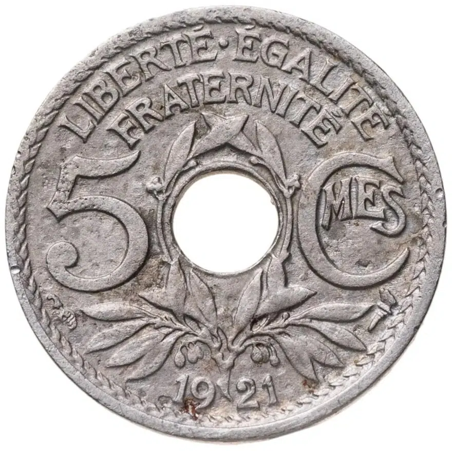 Франция 5 сантимов (centimes) 1921  Новый тип: Отверстие в центре, аверс