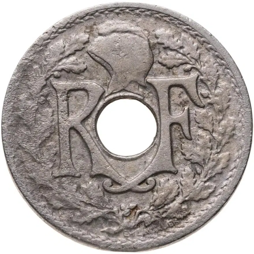 Франция 5 сантимов (centimes) 1921  Новый тип: Отверстие в центре, реверс
