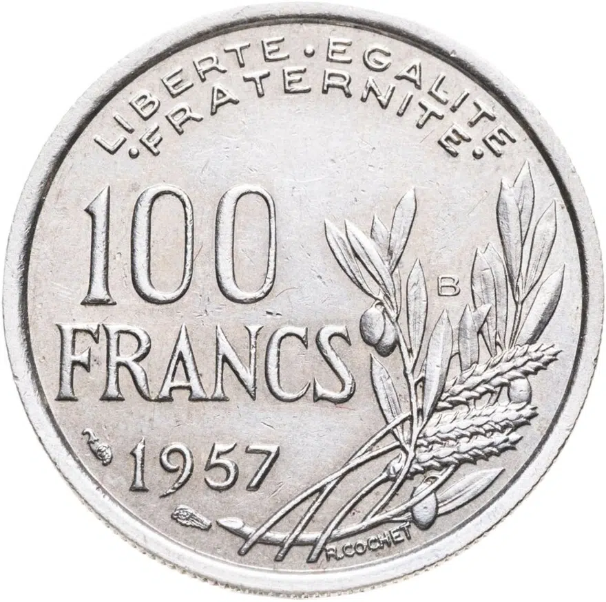 Франция 100 франков (francs) 1957 B  знак монетного двора: "B" - Бомон-ле-Роже
