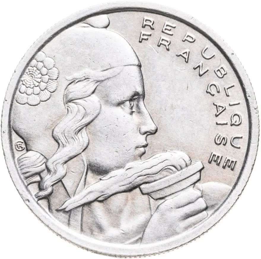 Франция 100 франков (francs) 1957 B  знак монетного двора: "B" - Бомон-ле-Роже, реверс