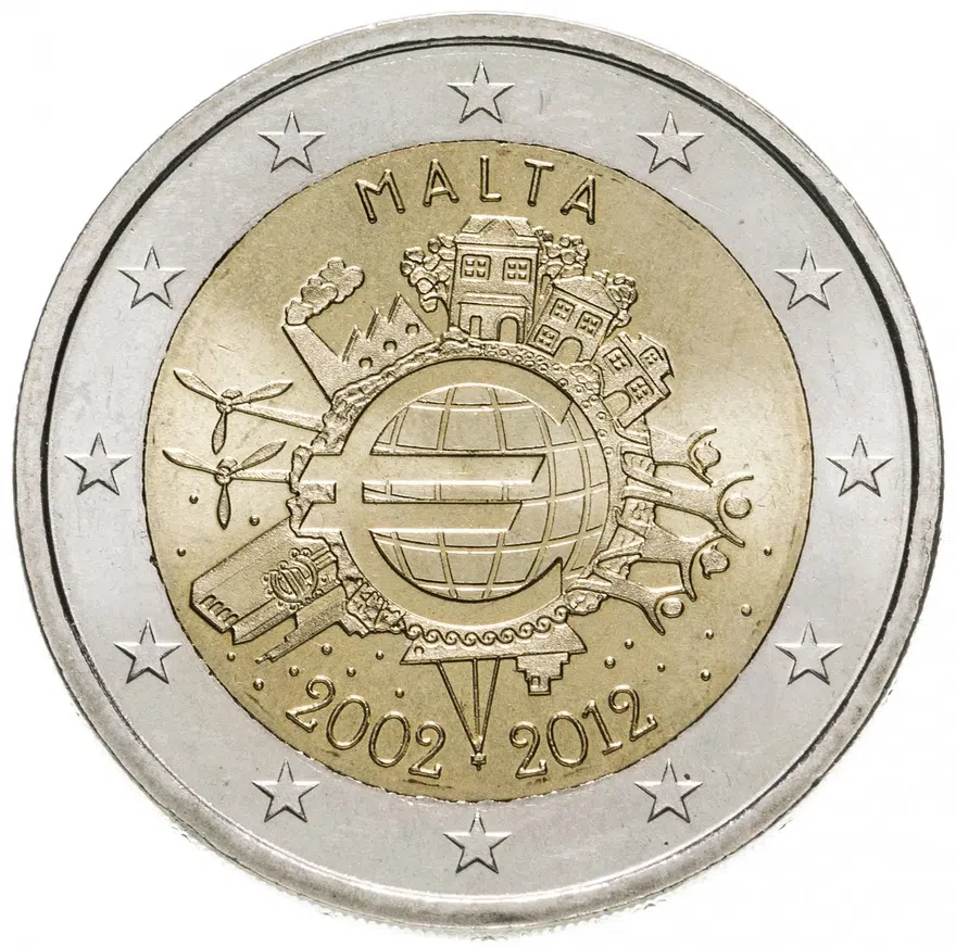 Мальта 2 евро (euro) 2012   10 лет евро наличными, аверс