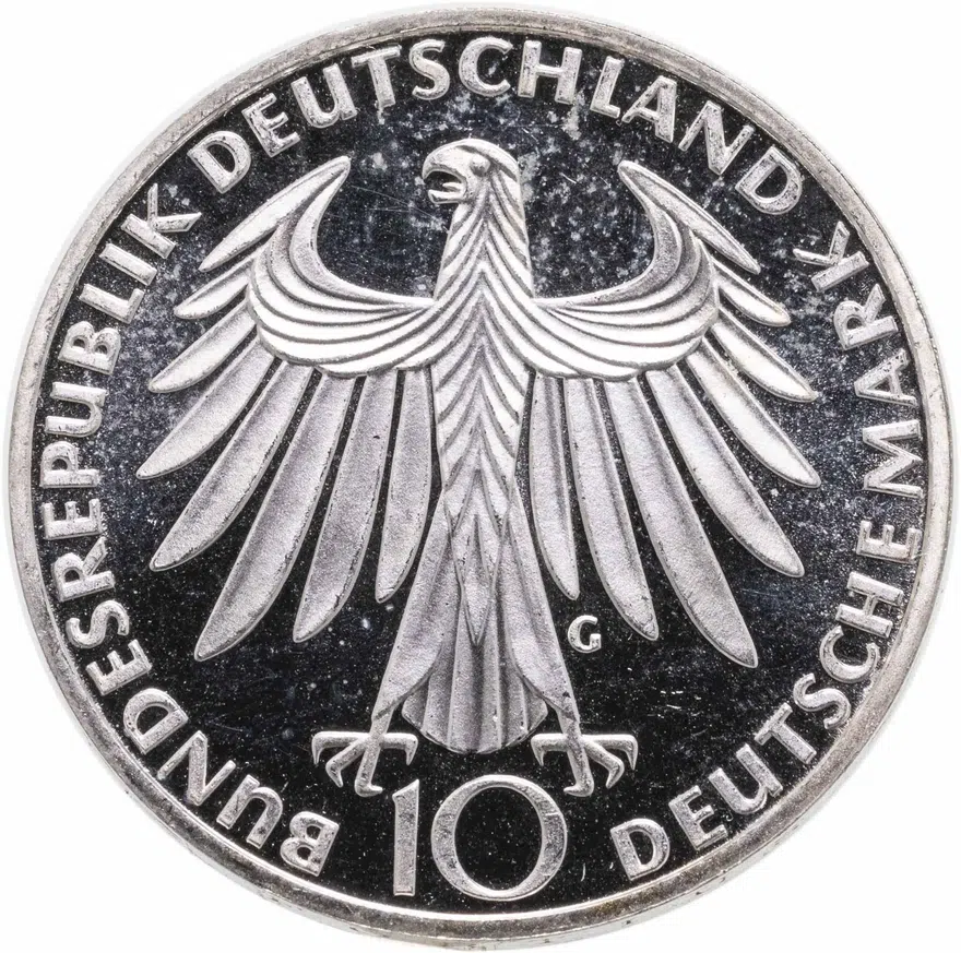 Германия 10 марок (mark) 1972 G XX летние Олимпийские Игры, Мюнхен 1972 - Атлеты знак монетного двора: "G" - Карлсруэ, реверс