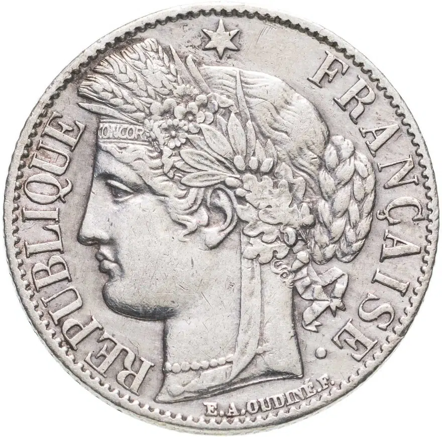 Франция 1 франк (franc) 1871 A  знак монетного двора: "A" - Париж