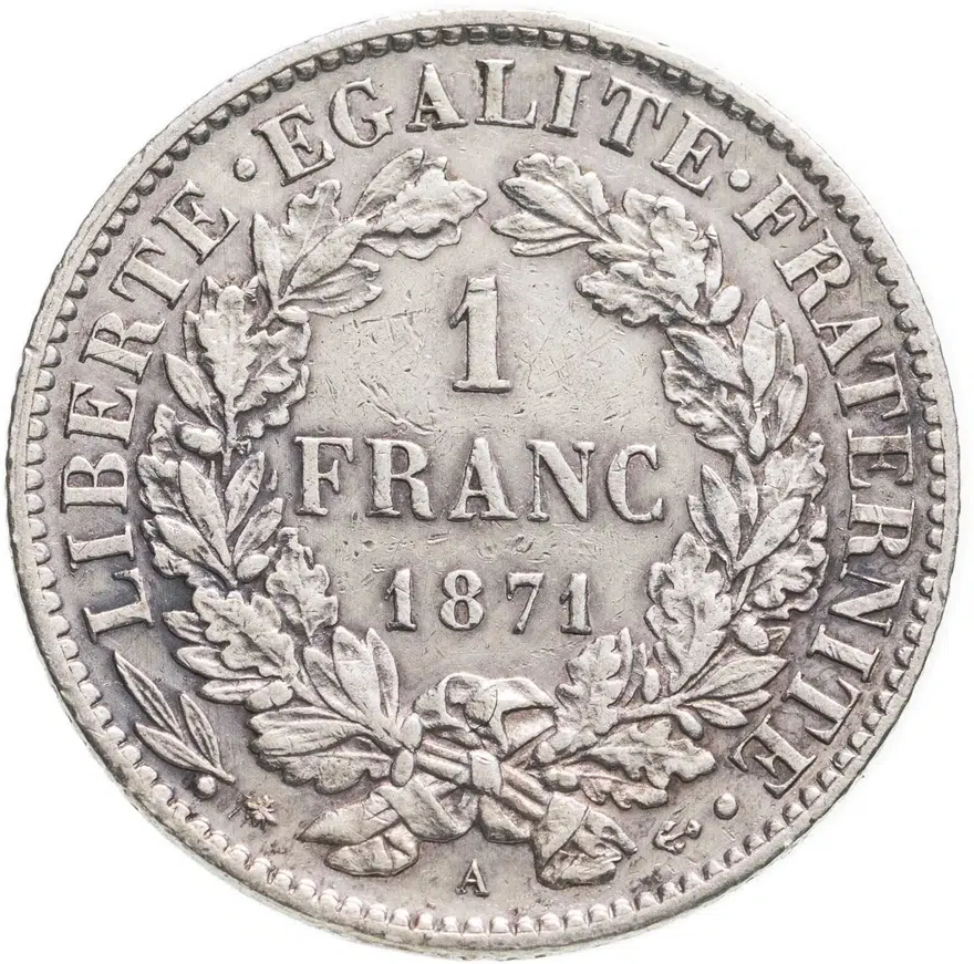 Франция 1 франк (franc) 1871 A  знак монетного двора: "A" - Париж, реверс