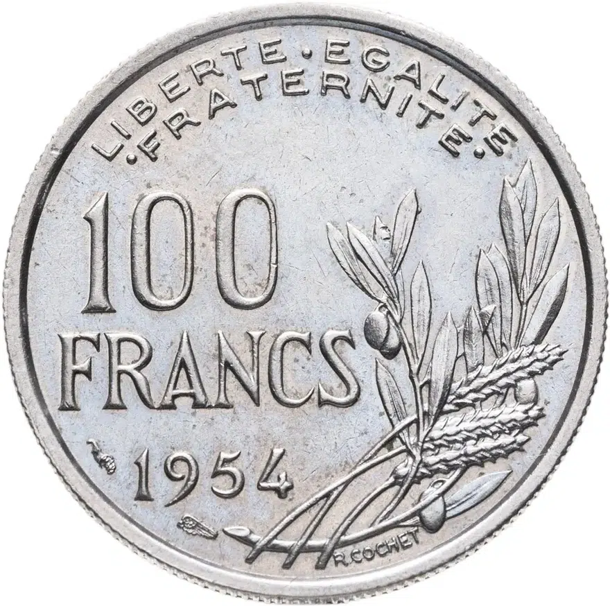 Франция 100 франков (francs) 1954   Без отметки монетного двора "B", реверс