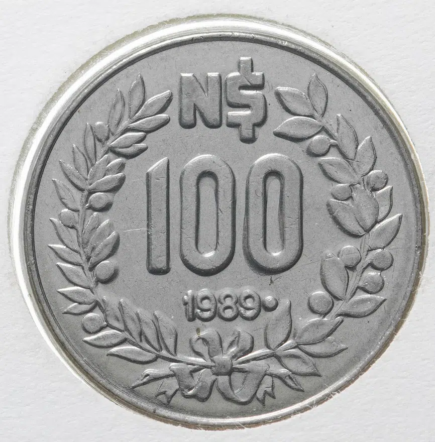 Уругвай 100 новых песо (nuevos pesos) 1989, в конверте с марками, реверс