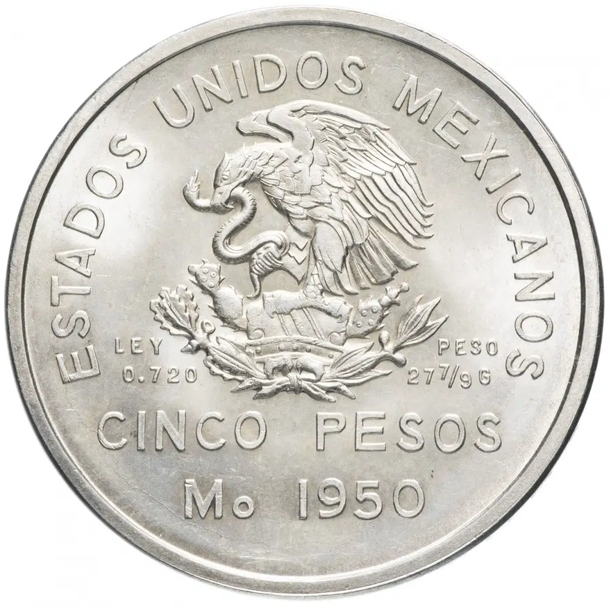 Мексика 5 песо (pesos) 1950 "Открытие Южной железной дороги"