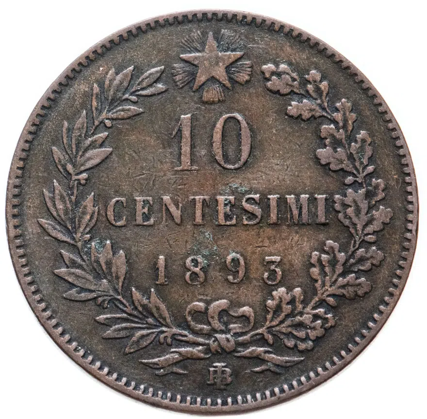 Италия 10 чентезимо (centesimi) 1893 BI  знак монетного двора "BI" - Бирмингем