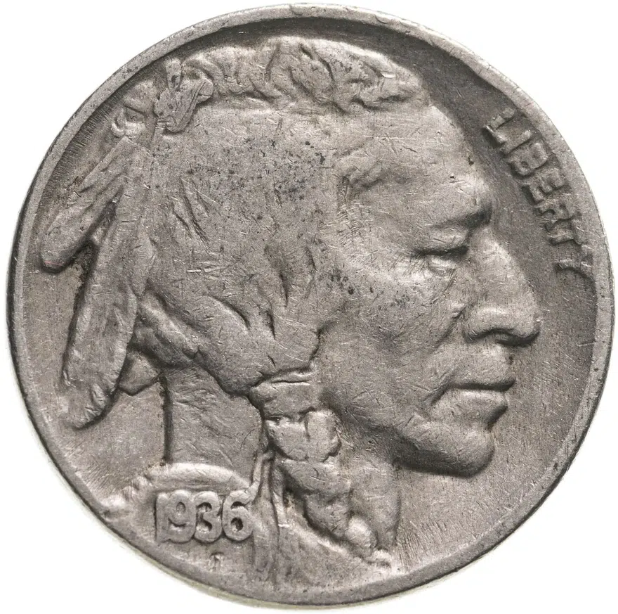 США 5 центов (cents) 1936 D Buffalo Nickel знак монетного двора: "D" - Денвер, аверс