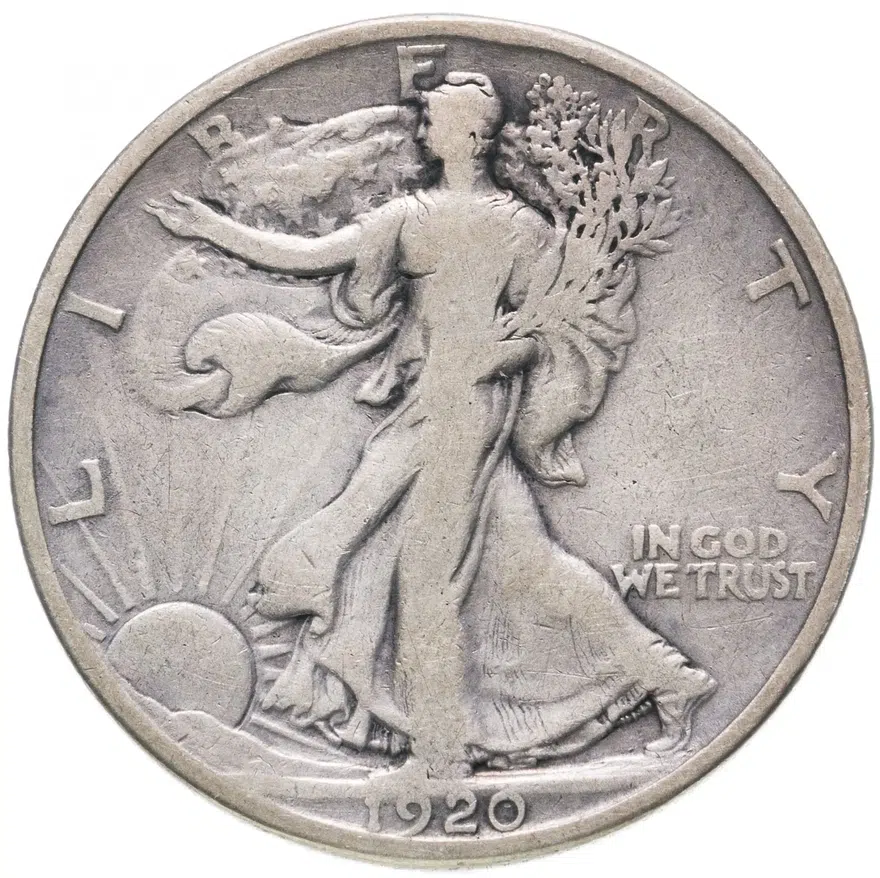 США 50 центов (1/2 доллара, half dollar) 1920 D Walking Liberty Half Dollar знак монетного двора: "D" - Денвер, аверс