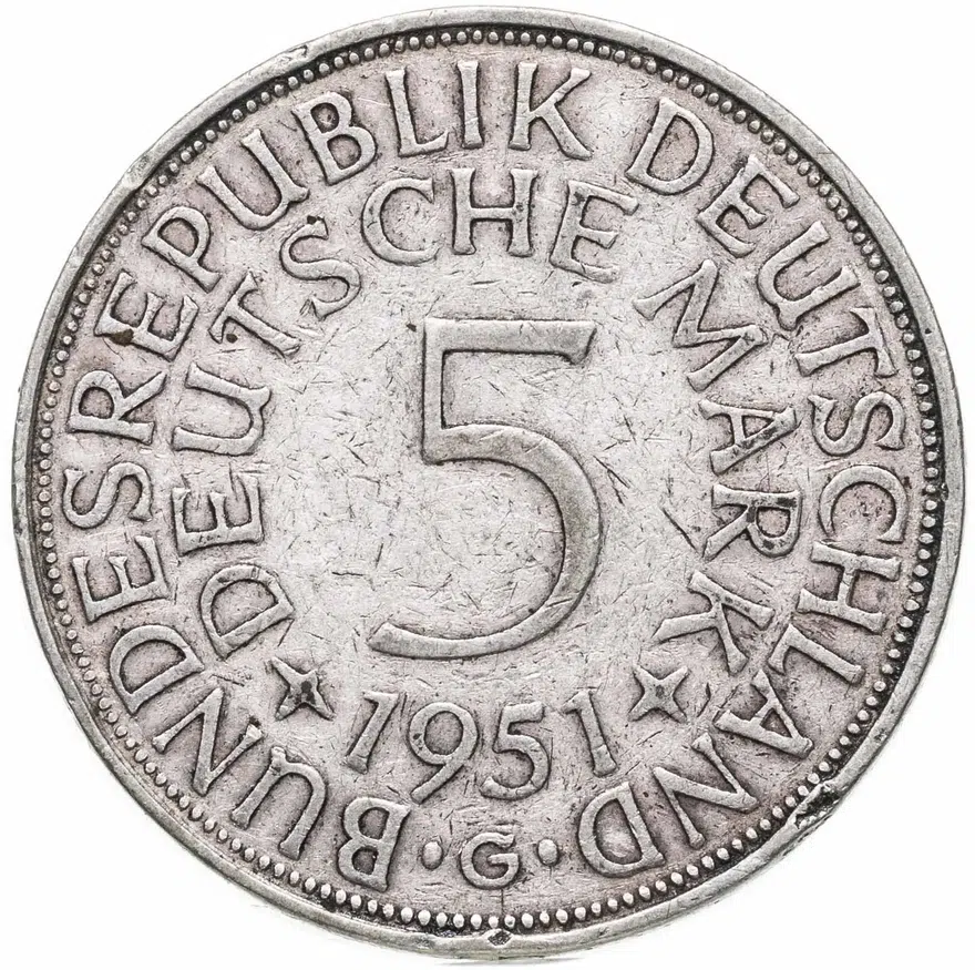 Германия 5 марок (deutsche mark) 1951 G  знак монетного двора: "G" - Карлсруэ