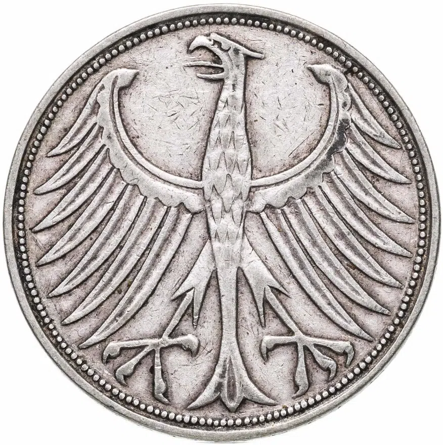 Германия 5 марок (deutsche mark) 1951 G  знак монетного двора: "G" - Карлсруэ, реверс