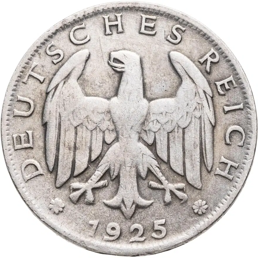 Германия 1 марка (mark) 1925 D  знак монетного двора "D" — Мюнхен, реверс