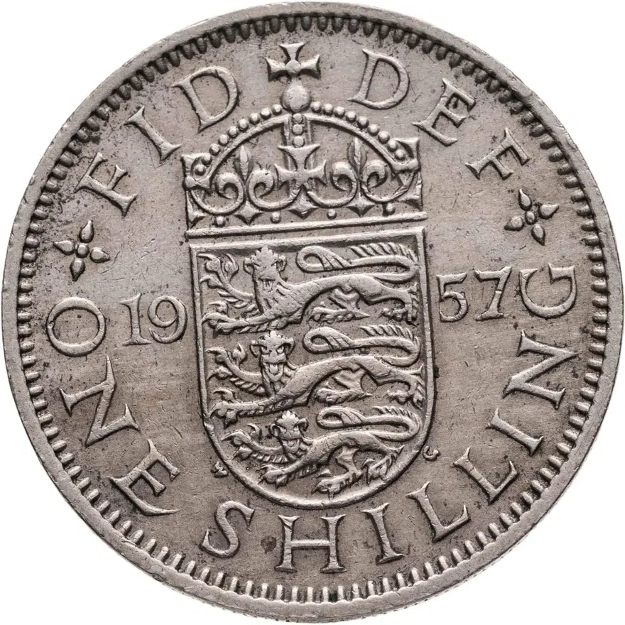 Великобритания 1 шиллинг (shilling) 1957  Английский герб - 3 льва внутри коронованного щита, аверс