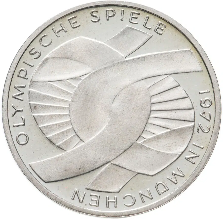 Германия 10 марок (mark) 1972 G XX летние Олимпийские Игры, Мюнхен 1972 - Сплетенные рукава знак монетного двора: "G" - Карлсруэ