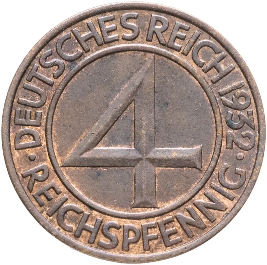 Германия (Веймарская республика) 4 рейх пфеннига (reichspfennig) 1932 F, аверс