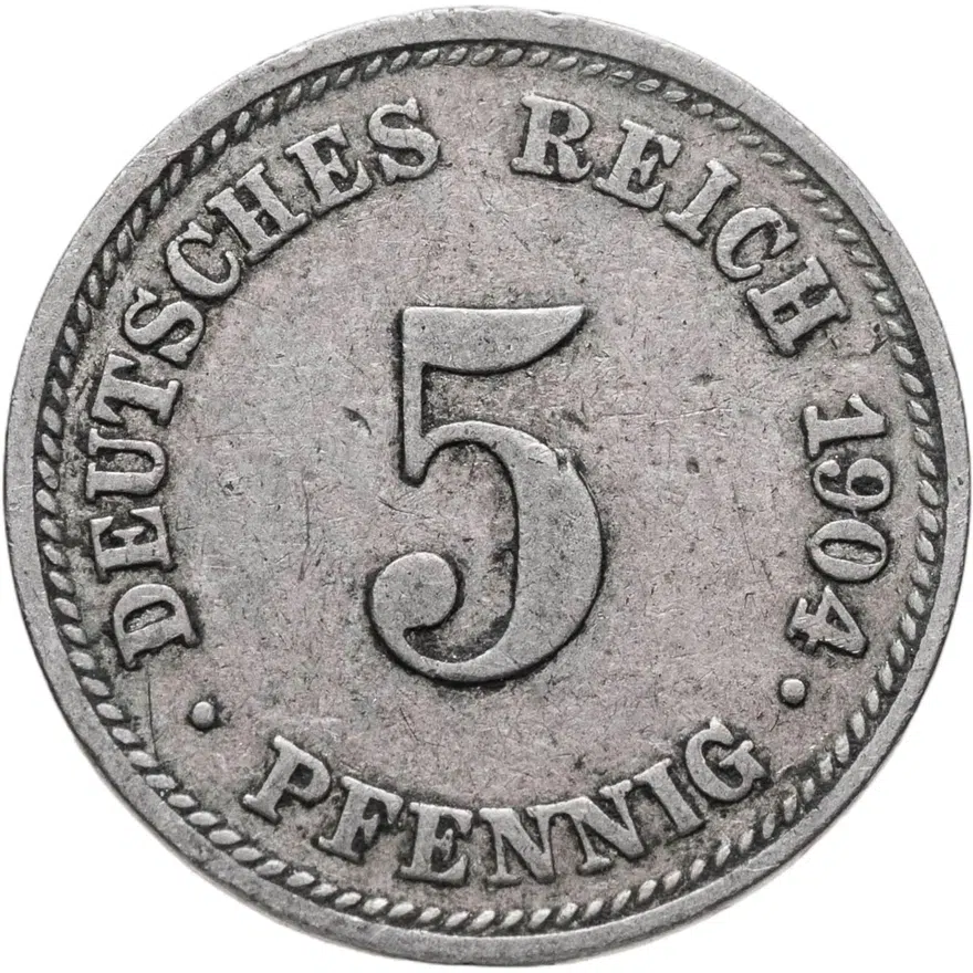 Германия 5 пфеннигов (pfennig) 1904 D  знак монетного двора: "D" - Мюнхен, аверс