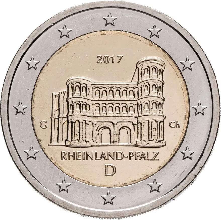 Германия 2 евро (euro) 2017 Федеральные земли: Рейнланд-Пфальц - Порта Нигра, знак монетного двора "G" - Карлсруэ, аверс